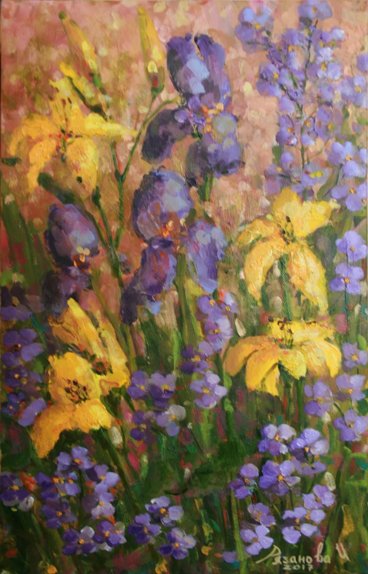 Лилии и Ирисы — 30×50 см, холст, масло, художник Инна Рязанова