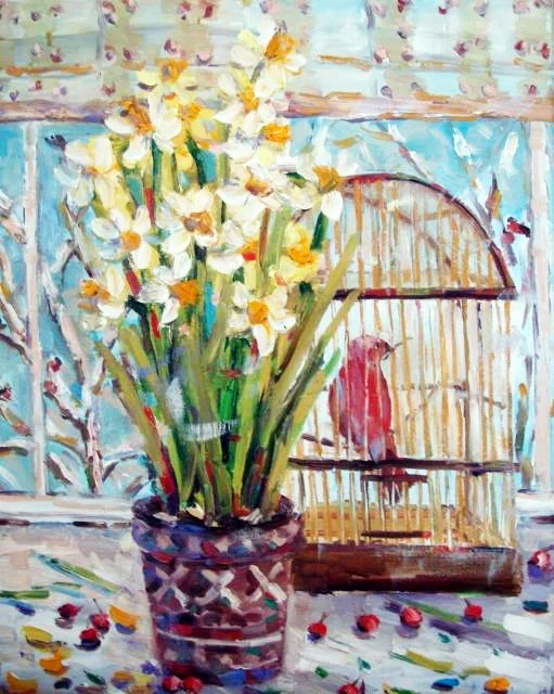 Нарциссы — 100×50 см, холст, масло, художник Инна Рязанова