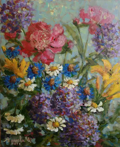 Картина «Пионы и Лилии», холст, масло