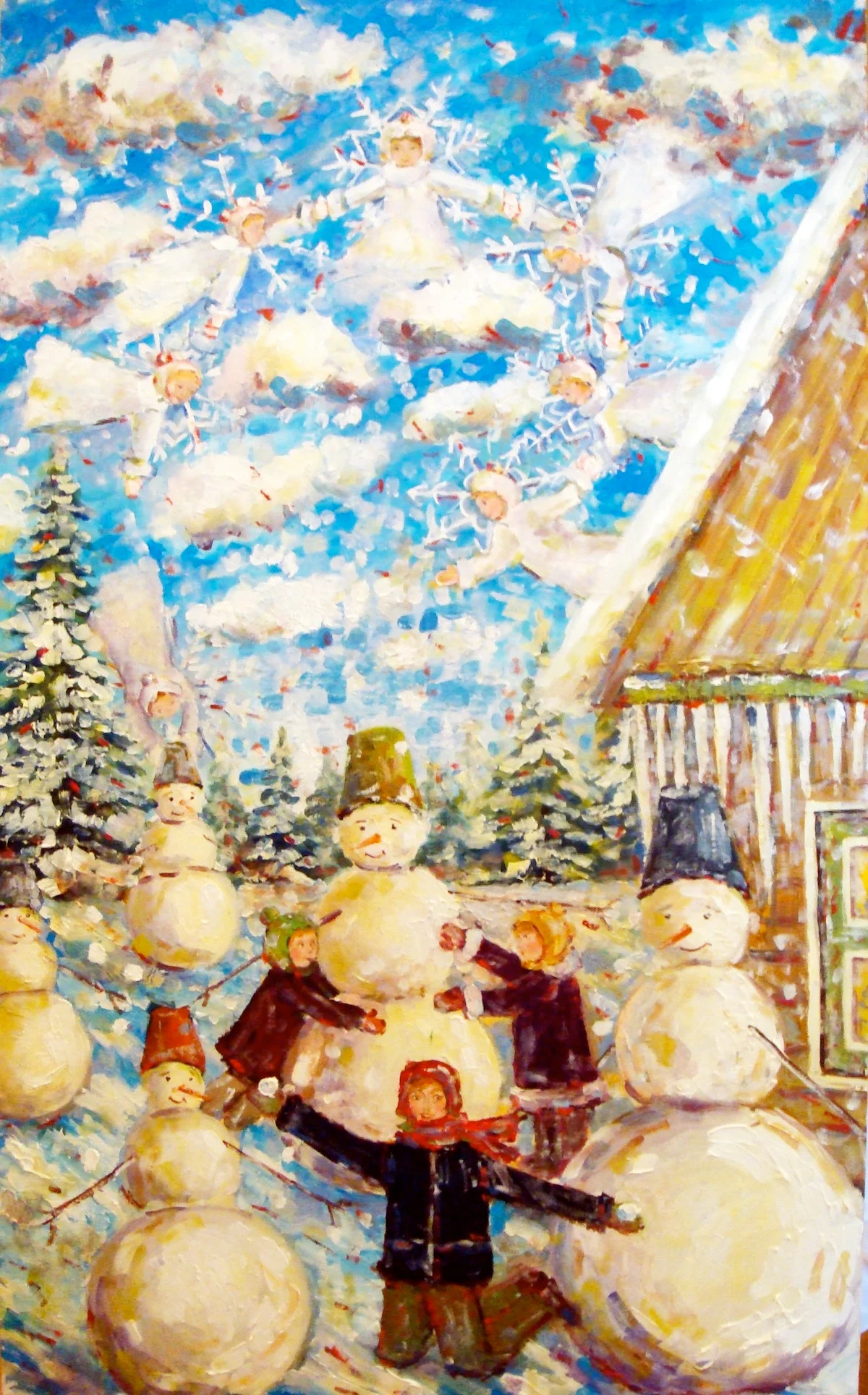 Снеговики и снежинки — 100×50 см, холст, масло, художник Инна Рязанова